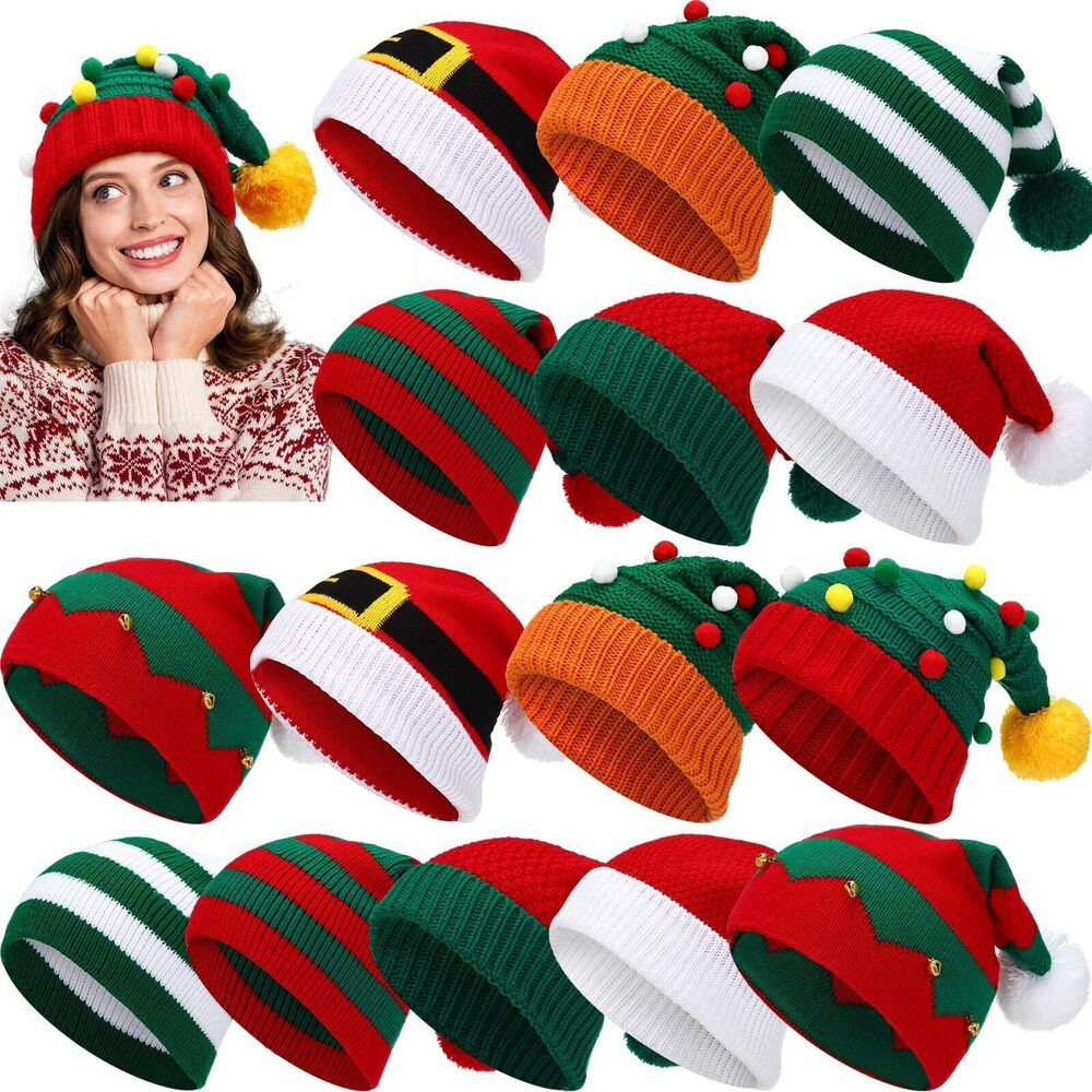 2313 16 Pcs Christmas Knitted Hat Winter Knitted Crochet Beanie Xmas Santa